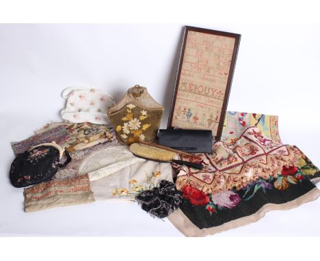 A collection of evening bags and needlework items,  to include; four cross-stitch wool samplers, one 19th Century framed and 