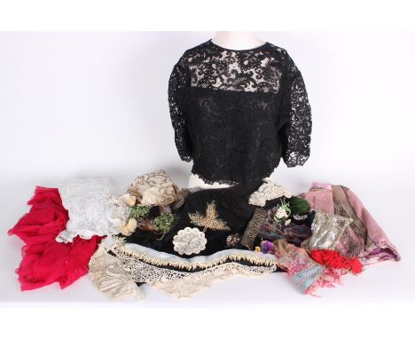 A collection of trimmings, edgings, beadwork and lace;  as well as dress fragments, a white net appliqué panel, a modern blac