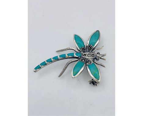 A silver Marcasite and enamel set Dragonfly Brooch