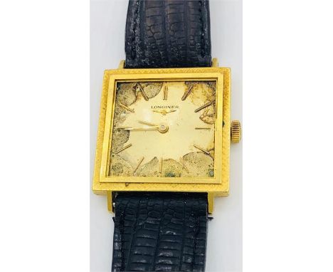 A Vintage Longines gold square faced Gents watch with no glass to face.