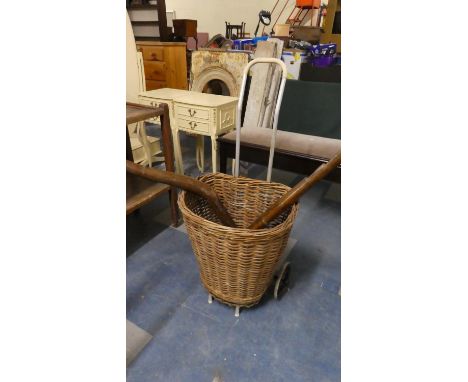 A Vintage Wicker Shopping Trolley and Two Yokes 