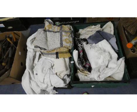 Two Boxes Containing Vintage Fabrics, Embroideries, Linens etc 