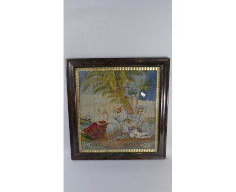 A Late 19th Century Framed Woollen Tapestry Depicting Seated Figures Under Palm Tree, 39x42cm 