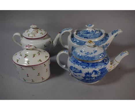 A Pair of Blue and White Teapots and a Floral Teapot and Matching Sugar Bowl (AF) 