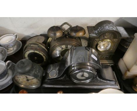 A Tray Containing Various Vintage Alarm Clocks, Silver Plate Cased Clock etc 