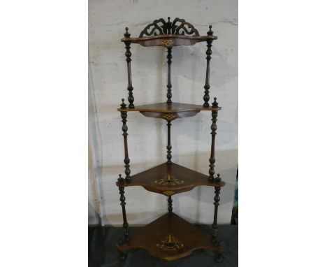 A Reproduction Inlaid Four Tier Corner Whatnot with Turned Supports and Galleried Top Shelf, 121cm High 