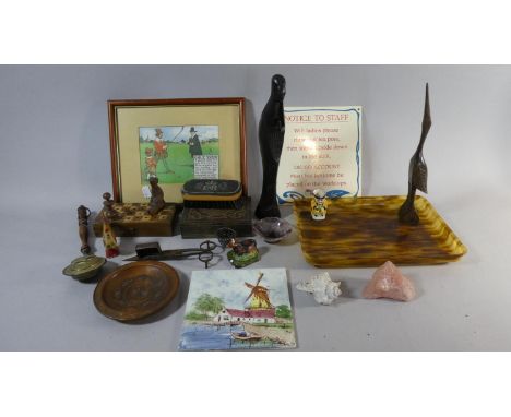 A Tray of Curios to Include Inlaid Box, Travelling Chess Set, Candle Snuffers, Golfing Print, Ceramic Tile Etc 