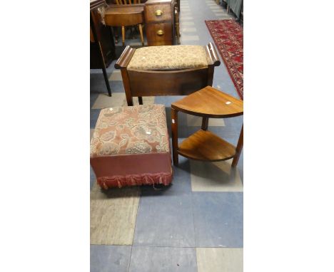 A Vintage Tapestry Topped Piano Stool, Small Foot Stool, Corner Shelf and a Chair 