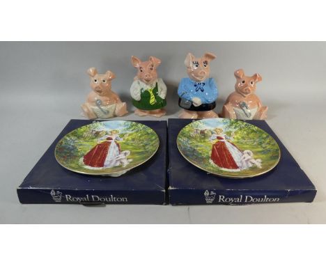 A Collection of Four Wade Natwest Pigs and Two Royal Doulton Decorated Plates 