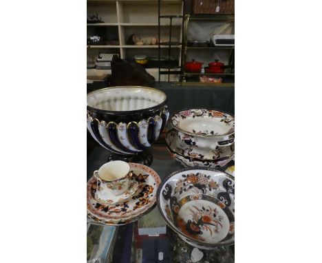 A Tray of Imari Pattern China to Include Masons Mandalay Bowls, Indian Pattern Decorated Plates, Large Crescent Ware Planter 