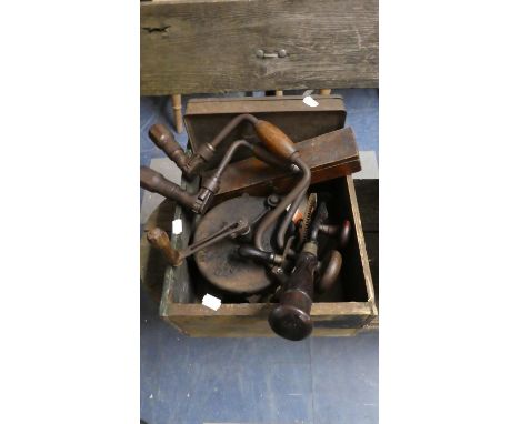 A Box Containing Vintage Tools, Hand Driven Work Bench Grinder etc 