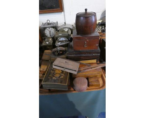 A Tray of Treen Ware to Include Work Boxes, Biscuit Barrel, Model Vintage Car, Coffee Grinder Etc 