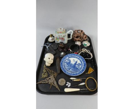 A Tray of Curios to Include Miniature Button Hooks, Pen Knife, Costume Jewellery, Cuckoo Clock Weight, Carved Soapstone etc 
