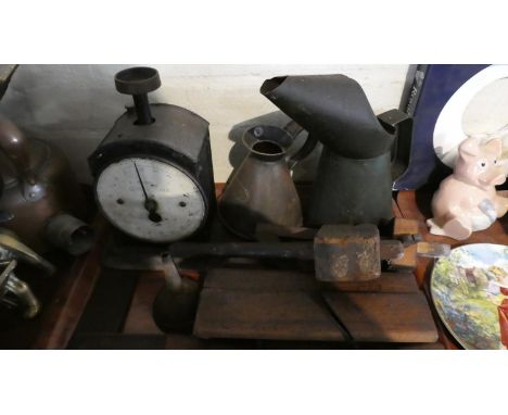 A Tray Containing Various Vintage Tools, Kitchen Scales, Oil Cans 