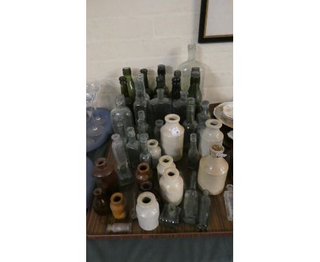 A Tray of Vintage Class Chemists Bottles, Stoneware Jars etc 