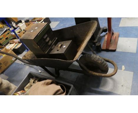 A Vintage Metal Wheel Barrow and Two Drawer Units Containing Tools Etc 