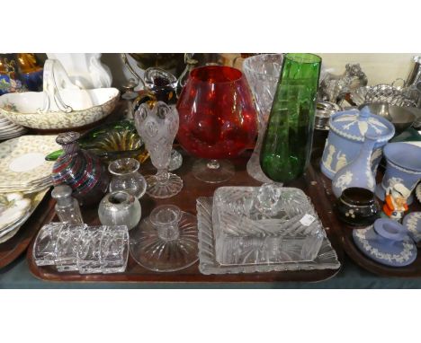 A Tray of Plain and Coloured Glassware to Include Vases, Napkin Rings, Candle Stick, Butter Dish, Match Striker Etc 