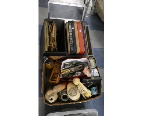 Two Boxes of 33rpm and 78rpm Records and a Box of Sundries to Include Vintage Style Telephone, Cutlery, Soda Siphon, Ceramics