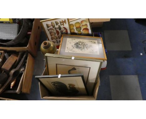 A Box of Sundries to Include Brass Oil Lamp Stand, Pictures and Prints, Vintage Style Telephone, Vintage Posters Etc 