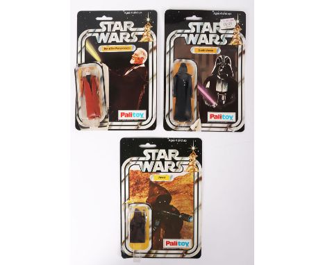 Three Vintage Star Wars Palitoy Action Figures complete with original bubbles and cardbacks. Including Darth Vader, Ben (Obi 