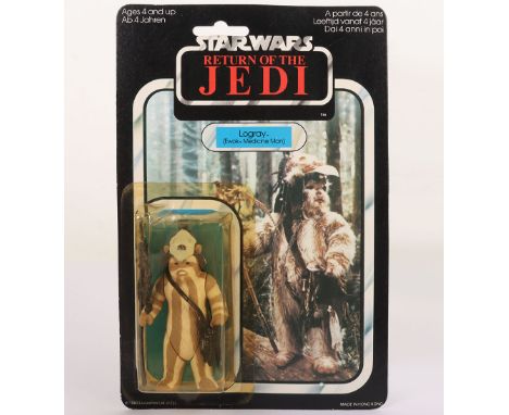 Vintage Star Wars Return of the Jedi Logray (Ewok Medicine Man) Original Carded Moc Action Figure Palitoy. Factory sealed yel