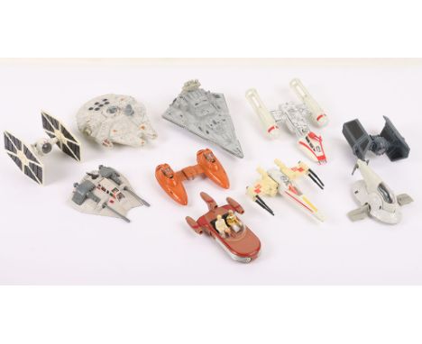 Ten Vintage Star Wars Loose Diecast Models, Including Land speeder, Twin Pod Cloud Car, Snow Speeder, X-Wing, Millenium Falco