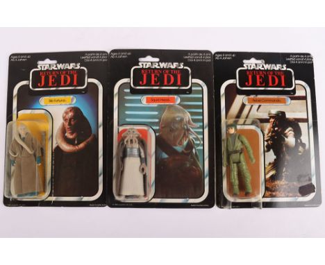 Three Vintage Star Wars Custom Return of the Jedi Carded Moc Action Figures. Including Squid Head, Bib Fortuna and Rebel Comm