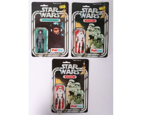 Three Vintage Star Wars Palitoy Action Figures complete with original bubbles and cardbacks. Including Stormtroopers and Deat