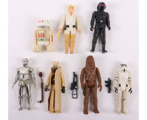 Seven Vintage Star Wars  loose action figures Kenner,  Six complete. Including R5-D4, Death Star Droid, Luke Farmboy, Stormtr