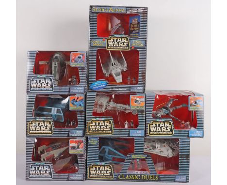 Seven Star Wars Micro Machines Action Fleet Boxed Playsets 1995-1997 Galoob.  Including A-Wing Starfighter opened complete, S