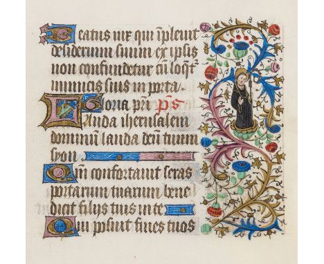 Book of Hours. Single leaf, illuminated manuscript in Latin, on vellum, in a large gothic bookhand, 12 lines, written in blac
