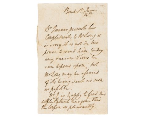 Jenner (Edward, surgeon and pioneer of smallpox vaccination, 1749-1823) Autograph Letter third person to Mr Long, 1p., 8vo, [