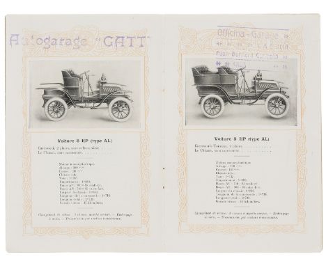 Early motoring.- Trade catalogue.- De Dion-Bouton. Automobiles, printed in orange and black, illustrations of cars, a bus, lo