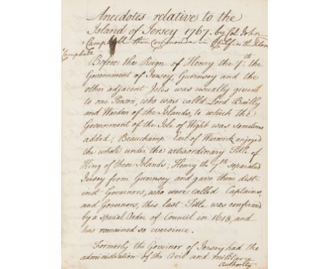 Jersey.- Campbell (John, Colonel, Commander-in-Chief of Jersey) Anecdotes Relative to the Island of Jersey 1767, manuscript, 