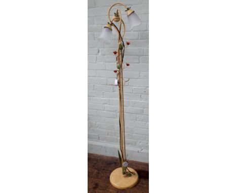 A metal flower decorated triple standard lamp with matching wall lights etc. Twin metal table lamp failed PAT test, lampholde