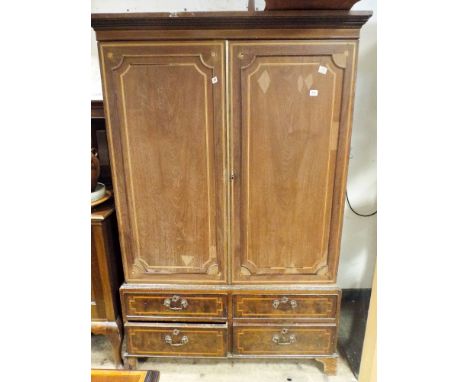 Georgian style inlaid mahogany two door wardrobe with four drawers under, 44" wide, 6' high