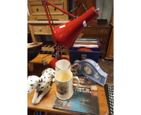 45 RPM records, angle poise lamp, dog ornament, tankards etc