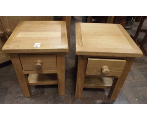 A pair of 2 tier new solid light oak square lamp tables each fitted 1 drawer