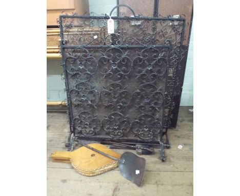 Two metal spark guards and a quantity of fire tools, bellows etc 