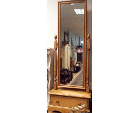 Modern pine framed cheval dressing mirror with drawer in base 