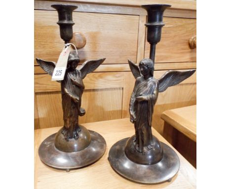Pair of bronze angel candlesticks, 12.5" high 