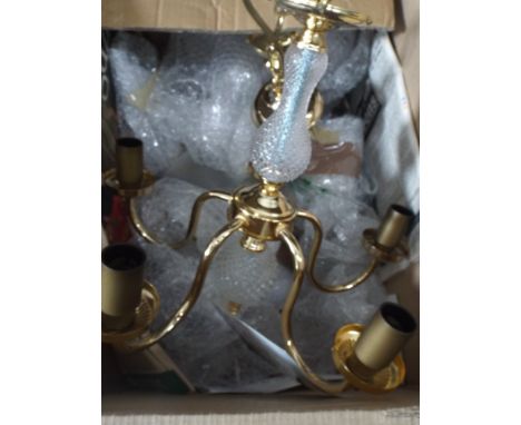 Two hanging brass effect chandelier style light fittings 