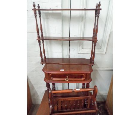 Square Ercol coffee table, magazine rack, small side table with one drawer and a wall-hanging three tier whatnot 