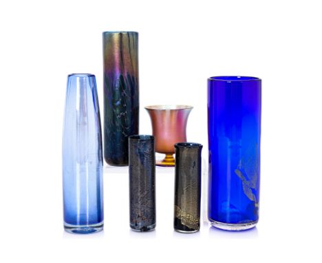 A GROUP OF SIX STUDIO GLASS BY VARIOUS MAKERS
Including a cobalt blue vase with gold flecks; two iridescent cylindrical vases