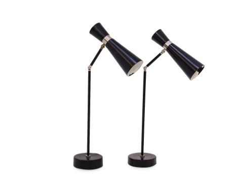 A PAIR OF MID CENTURY STYLE TABLE LAMPS
Featuring a matte black-coated body with a spun double cone shade and white accents, 