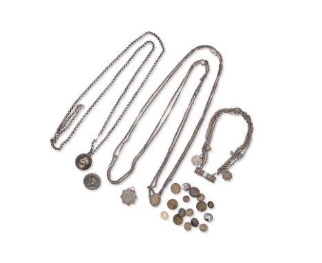 A GROUP OF STRAITS SILVER JEWELLERY OBJECTS
19th/20th century, four strand hoop-link charm necklace with cylindrical peony de