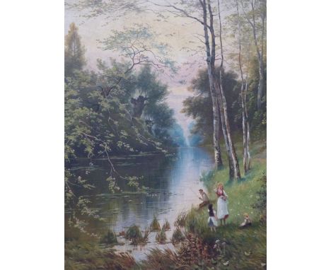 LATE 19th.C.NAIVE SCHOOL.  PLAYING BY THE CANAL, SIGNED INDISTINCTLY, OIL ON CANVAS.   94 x 72cms.