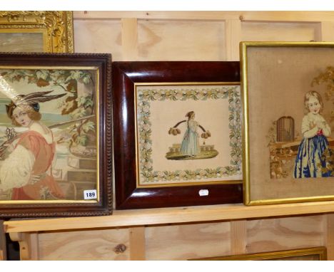 A VICTORIAN NEEDLEPOINT PORTRAIT OF A HUNSTMAN TOGETHER WITH TWO OTHERS OF DIFFERENT SUBJECTS.