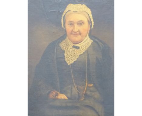 VICTORIAN SCHOOL.  PORTRAIT OF A SEATED LADY WEARING A BRACELET WITH OVAL PORTRAIT, OIL ON CANVAS.   74 x 62cms.