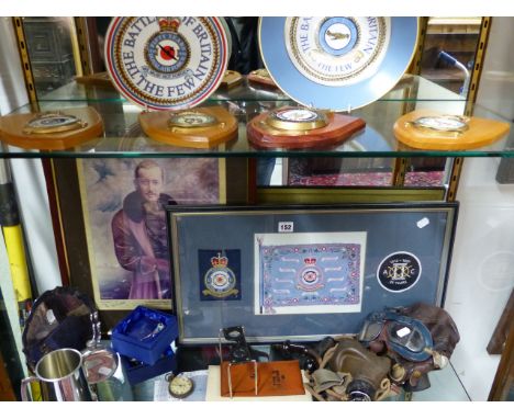 AN RAF LEATHER FLYING HELMET, A PAIR OF GOGGLES, POCKET WATCH, MAP READING INSTRUMENTS AND LATER RELATED RAF COLLECTABLES.  (